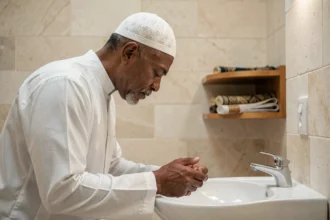 Homme effectuant les ablutions avant la prière dans une mosquée de Marseille