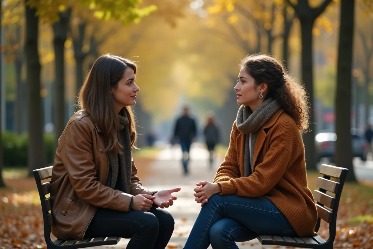Deux femmes discutant ouvertement sur un banc de parc en automne, illustrant l'absence de secret partagé comme protection contre l'emprise d'un manipulateur