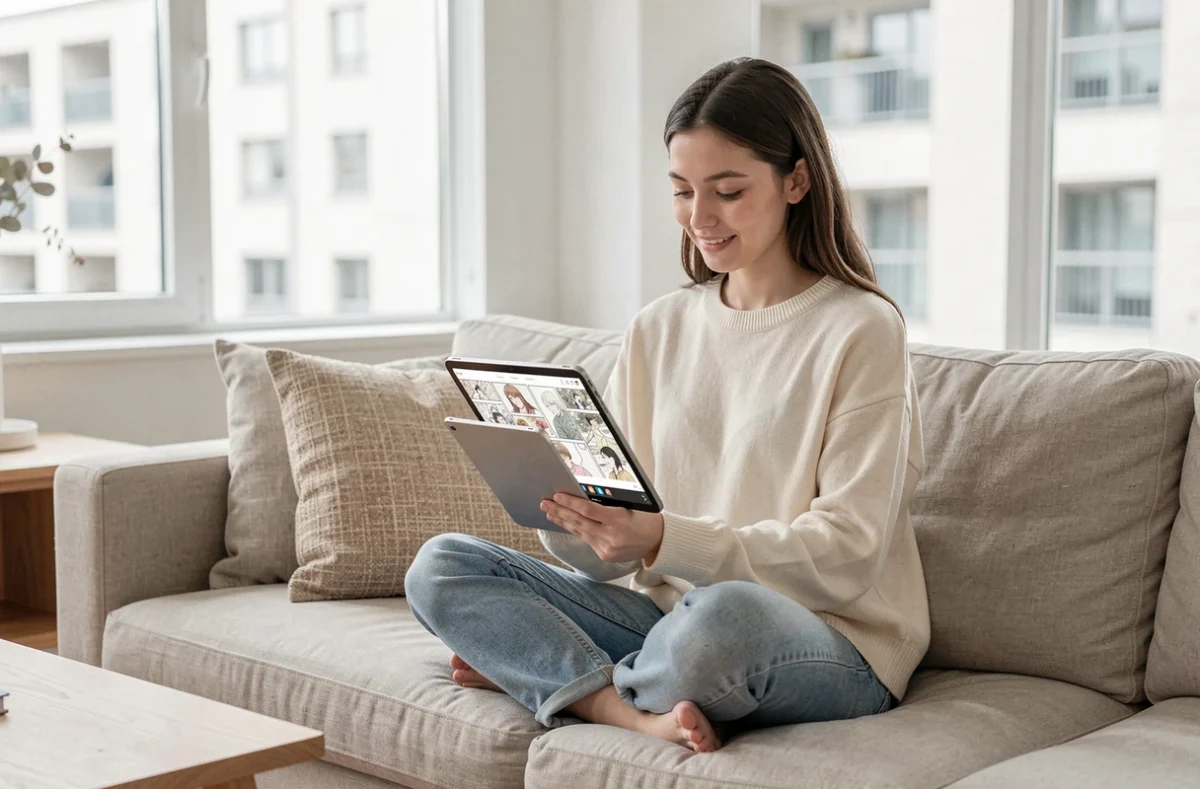 Jeune femme accédant à un site de lecture manga sur une tablette depuis son salon moderne et confortable