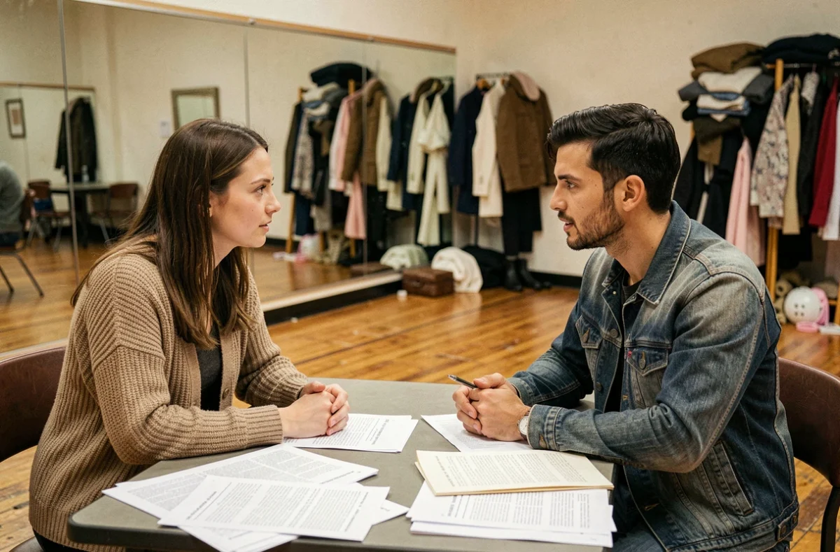 Deux acteurs interprétant des didascalies autour d'une table de répétition dans un studio de théâtre