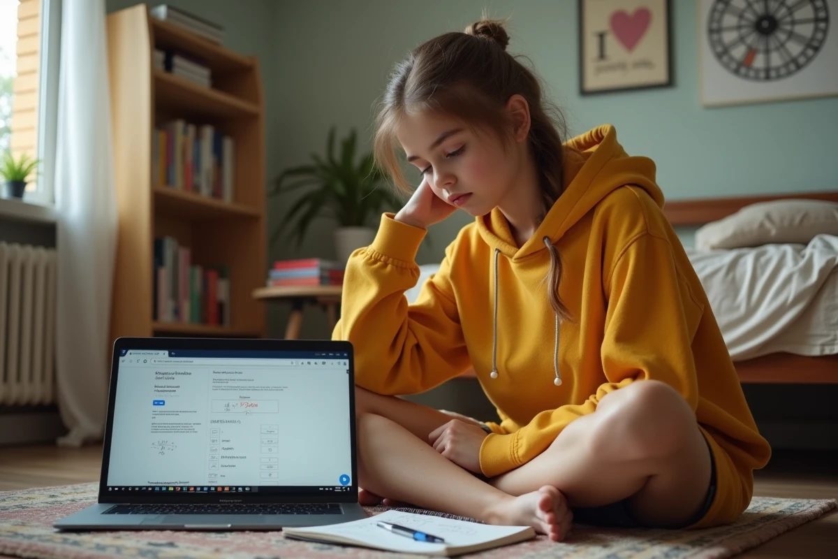 Adolescente utilisant une calculatrice de conversion pouces en centimètres sur ordinateur portable dans sa chambre
