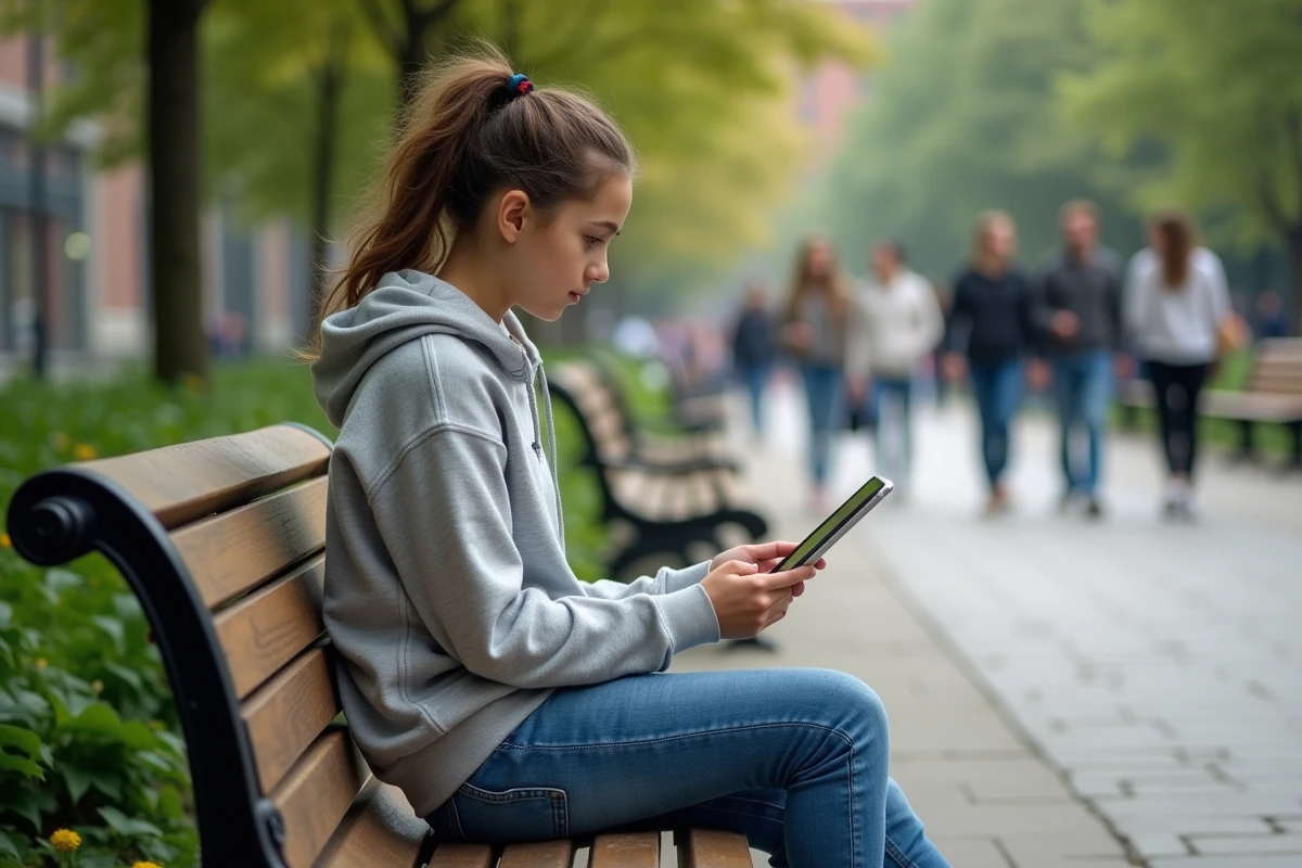 Adolescente sur un banc de parc utilisant une tablette