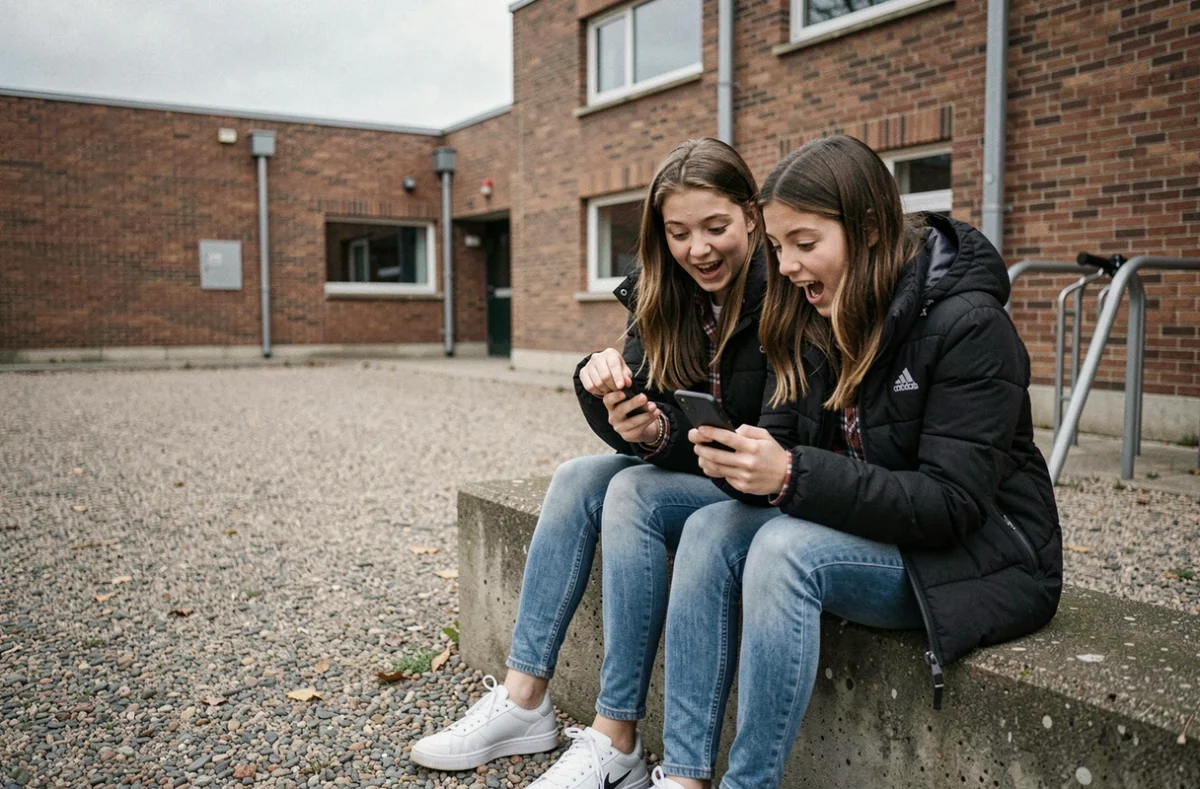 Deux adolescentes regardant un smartphone dans une cour de collège, illustrant l'usage du slang Yomb Def chez les jeunes