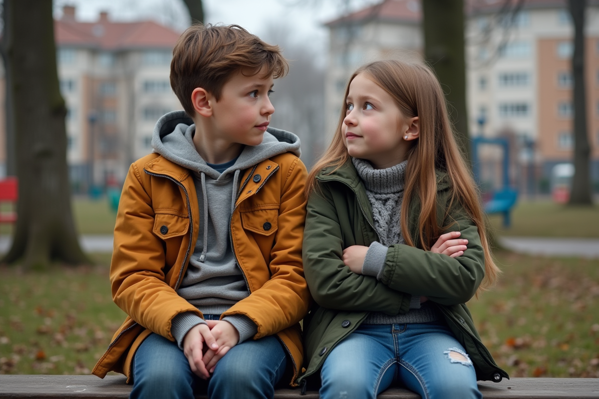 Adolescents assis sur un banc de parc en réflexion