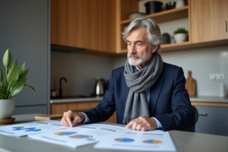 Agent immobilier français examine des documents dans une cuisine moderne