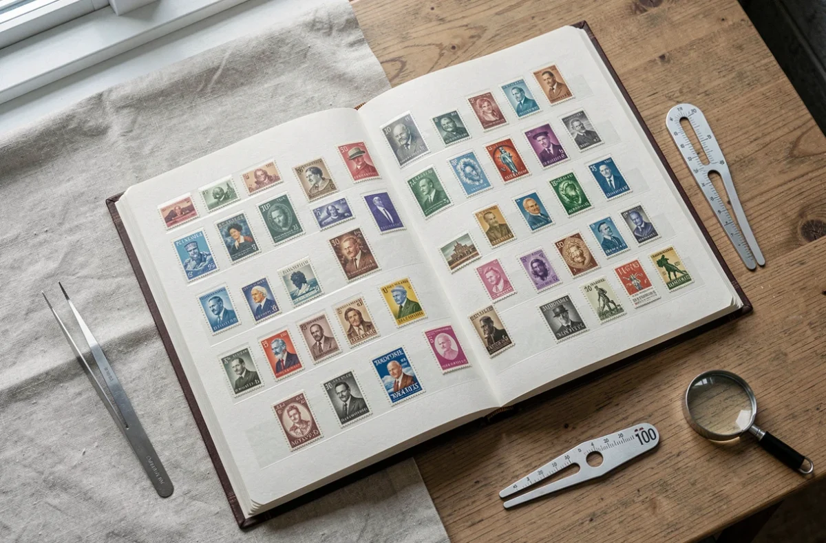 Album de timbres rares ouvert avec collection philatélique top 100 sur une table en bois