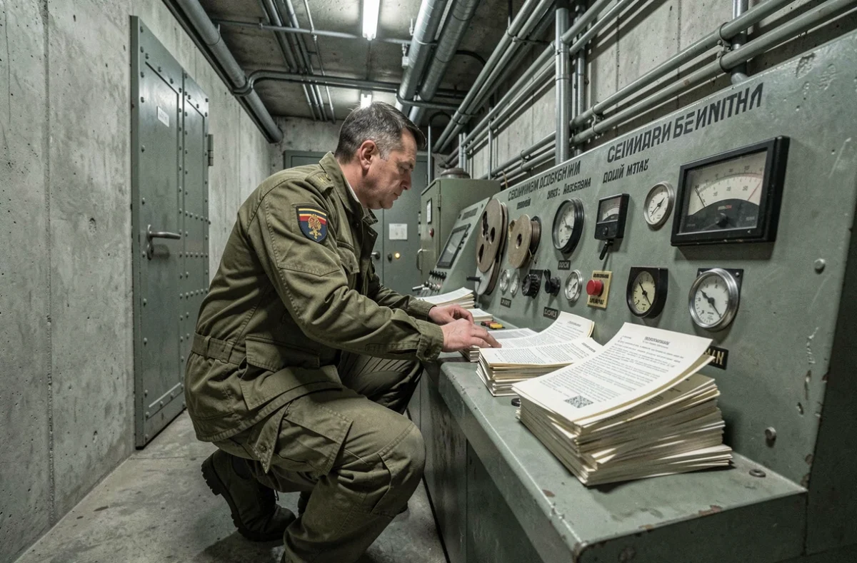 Bunker soviétique de la guerre froide avec panneaux de contrôle cyrilliques dans un escape game Mission B-618