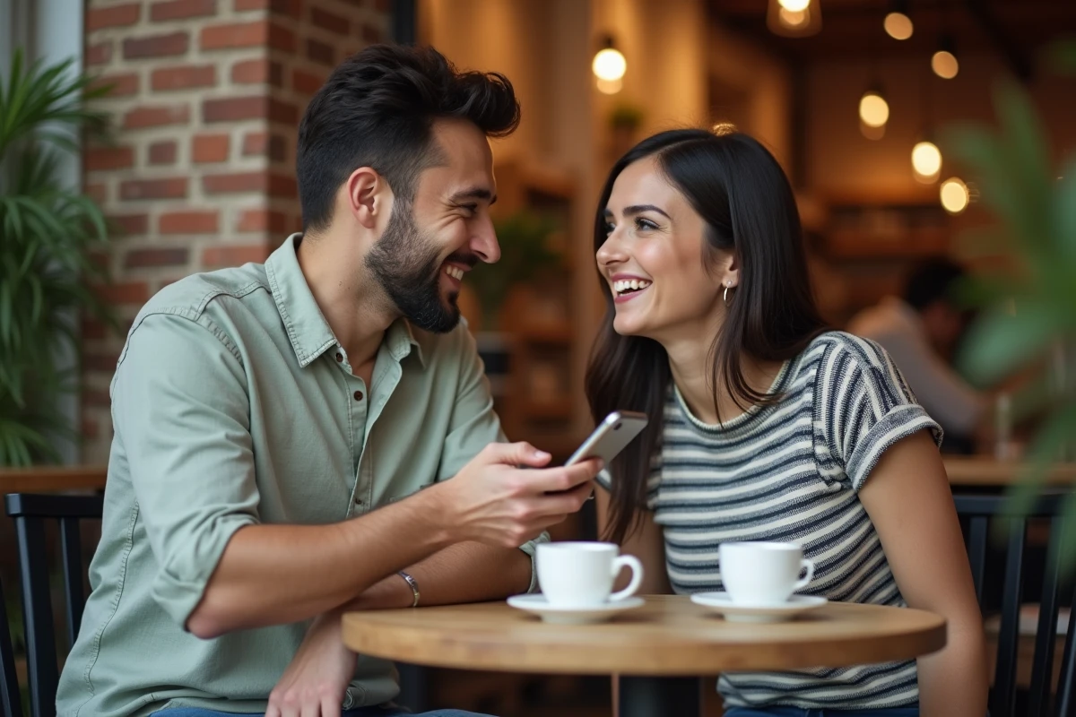 Deux amis dans un café regardant comment envoyer un SMS anonyme depuis un smartphone