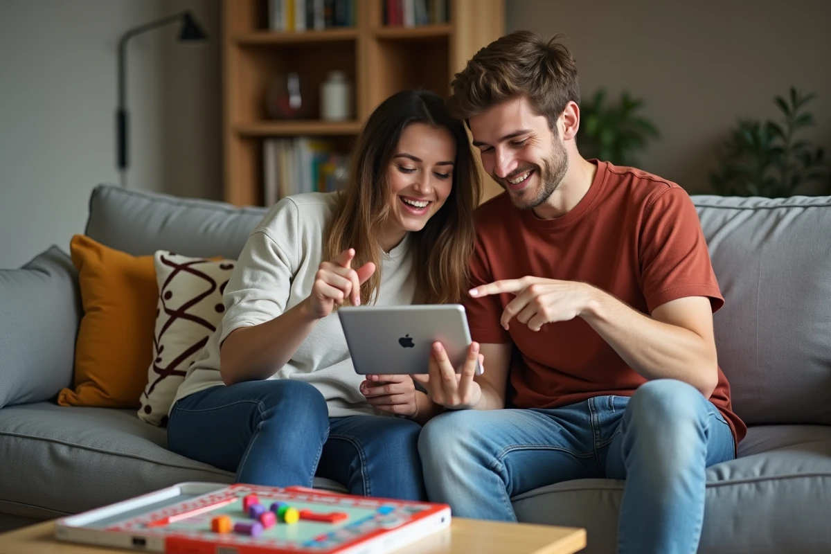 Deux amis regardant ensemble des liens de dés gratuits Monopoly Go sur une tablette dans un salon