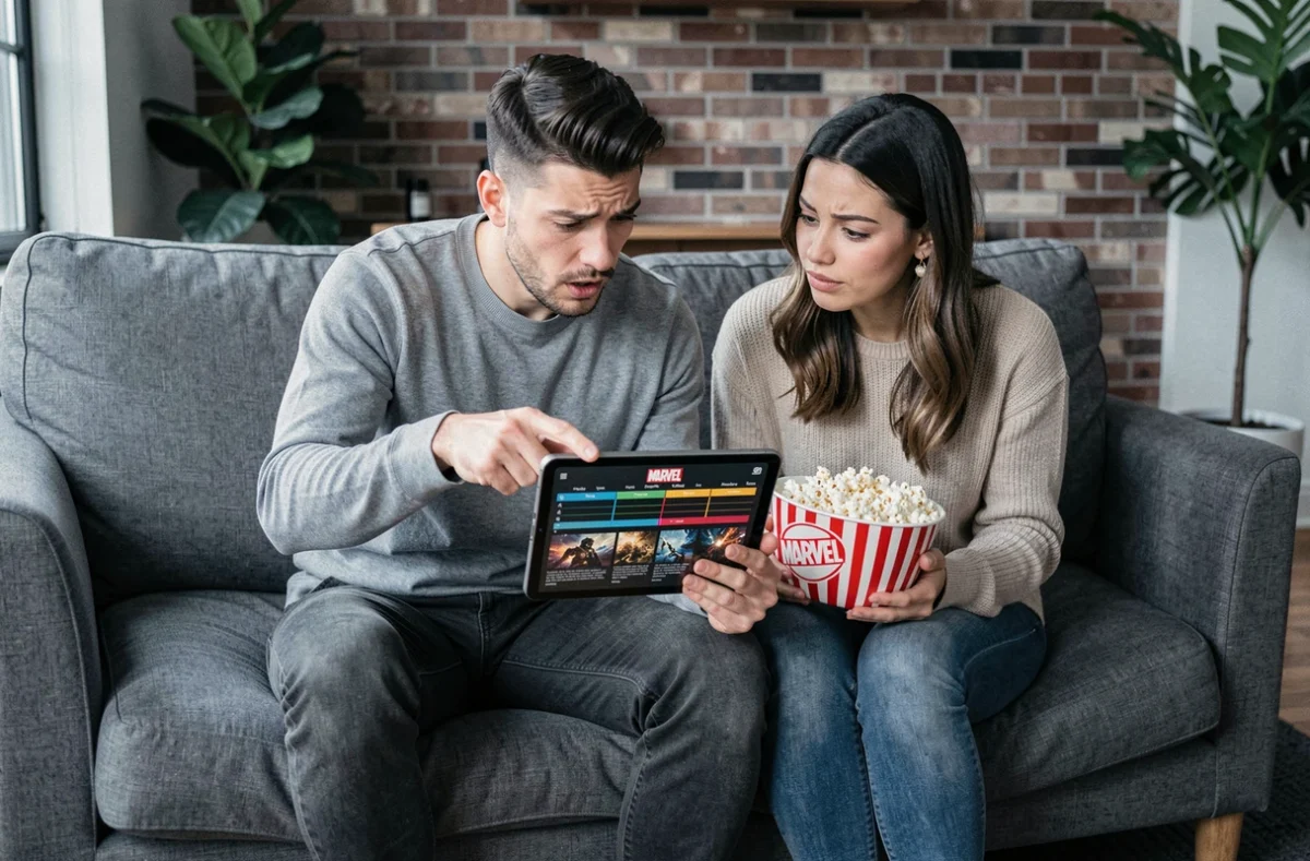Deux amis adultes consultant une timeline Marvel sur tablette depuis leur canapé pour déterminer l'ordre de visionnage de Spider-Man et Venom