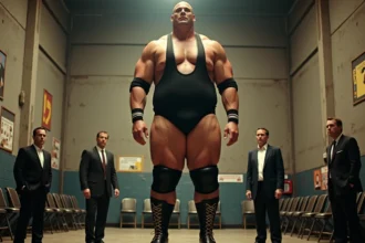 André le Géant en pied entouré d'hommes de taille normale montrant sa stature impressionnante en coulisses d'une arène de catch années 1980