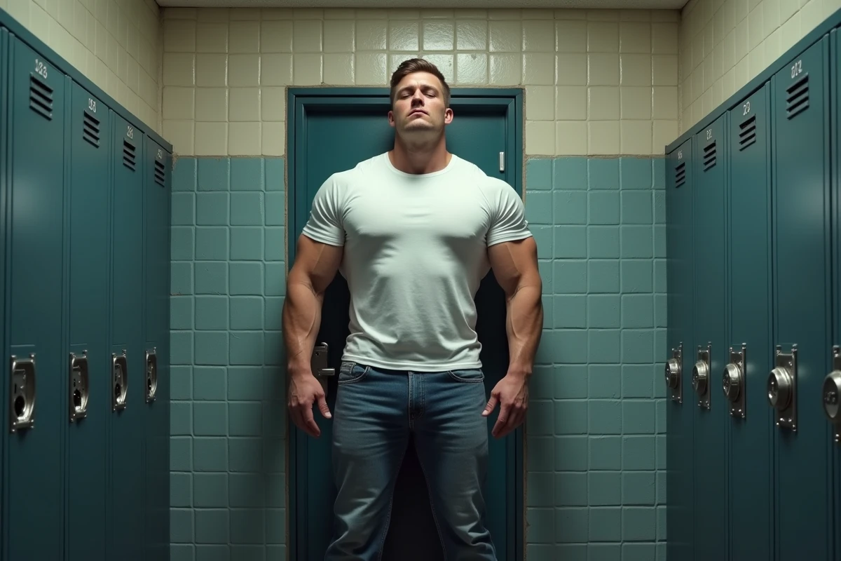 Photo pleine longueur d'un homme de très grande taille debout devant un encadrement de porte standard servant de référence visuelle pour illustrer la taille exacte d'André le Géant