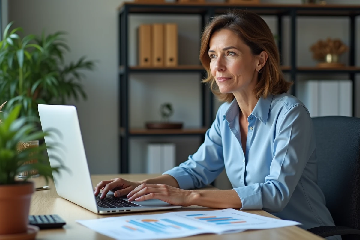Femme gérant ses finances de manière autonome devant un ordinateur et des documents budgétaires, symbolisant l'indépendance financière face à l'emprise
