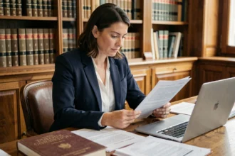 Avocate française analysant des documents juridiques sur le droit d'auteur dans un bureau parisien