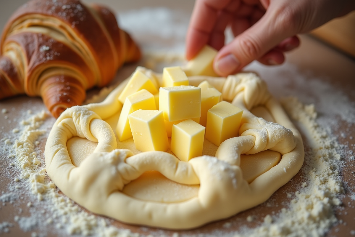 Beurre froid plié dans la pâte à croissant avec farine