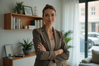Femme debout dans un salon moderne, les bras croisés avec assurance, symbolisant la protection contre la manipulation émotionnelle