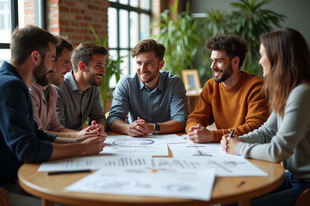 Groupe de jeunes créatifs en brainstorming dans un espace de coworking
