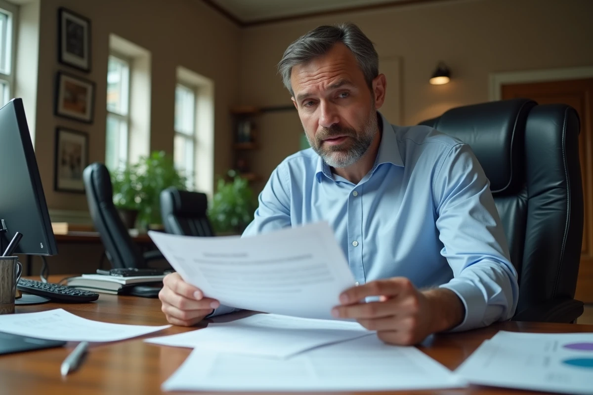 Homme consultant des documents officiels liés à une infraction de fraude dans un bureau administratif