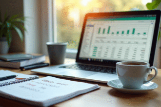 Espace de travail organisé avec ordinateur et carnet