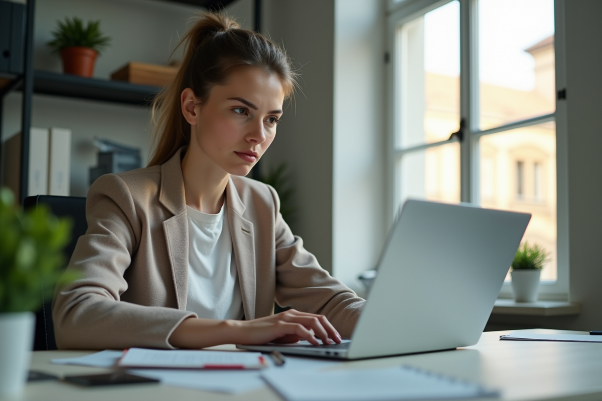 Jeune femme concentrée dans un bureau français moderne