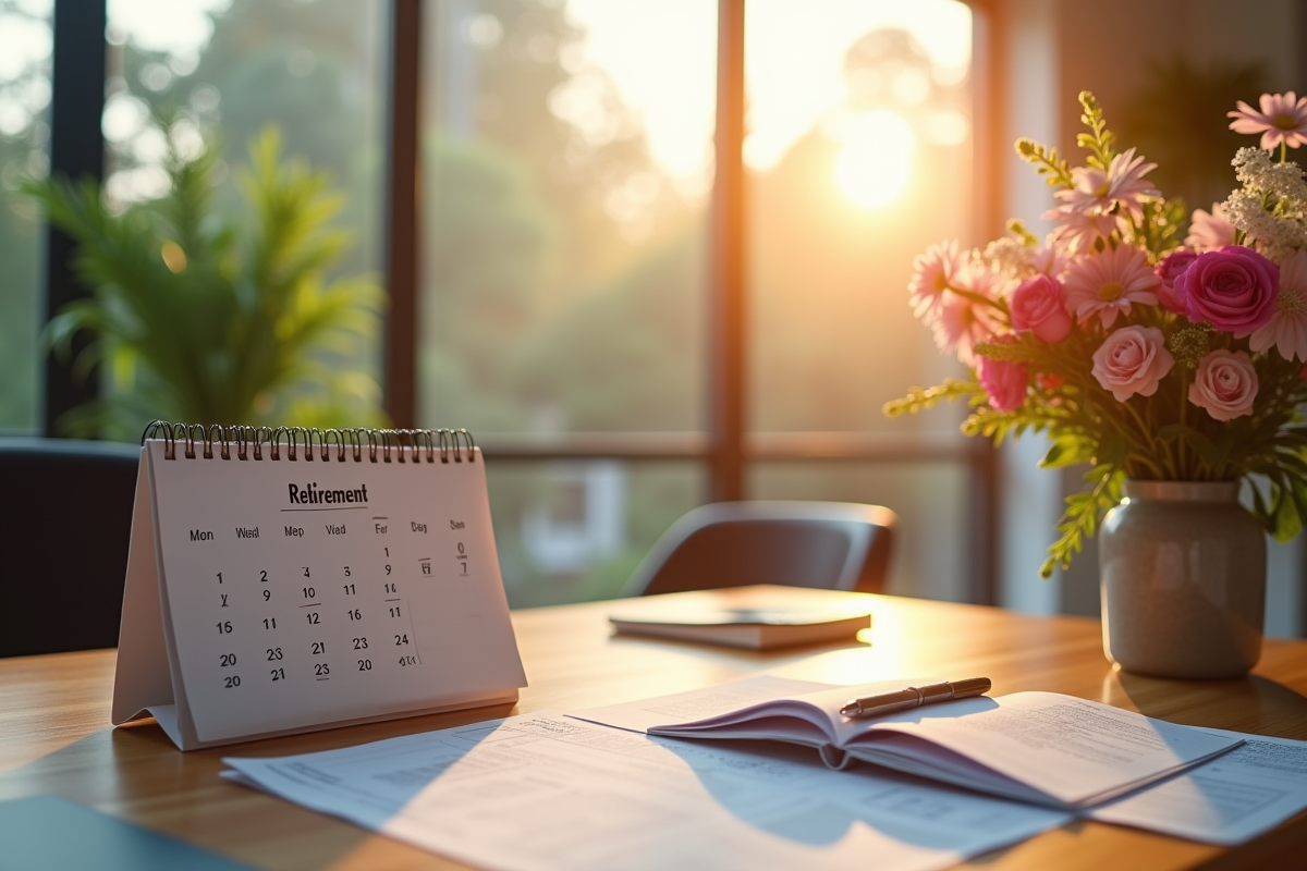 Bureau moderne avec calendrier de retraite et fleurs