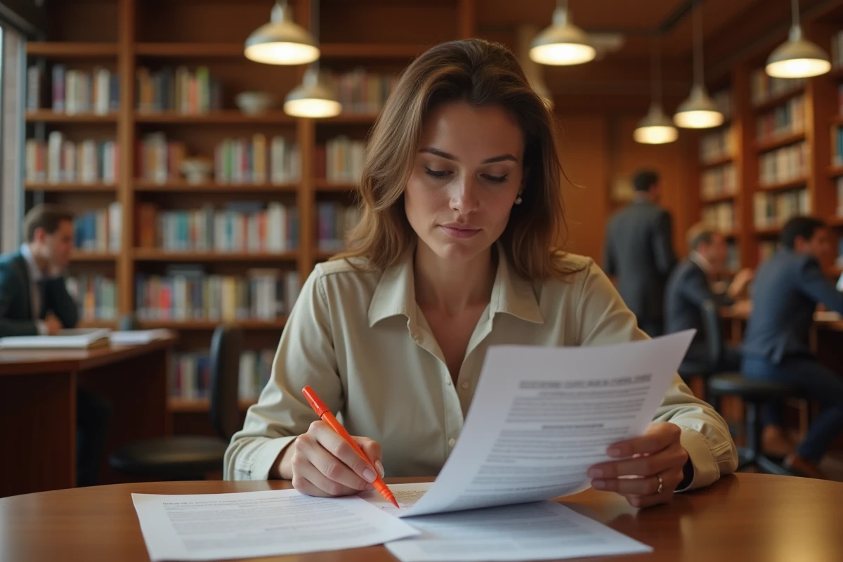 Femme lisant attentivement un document juridique sur le contrôle coercitif dans une bibliothèque, illustrant l'importance du cadre légal contre l'emprise