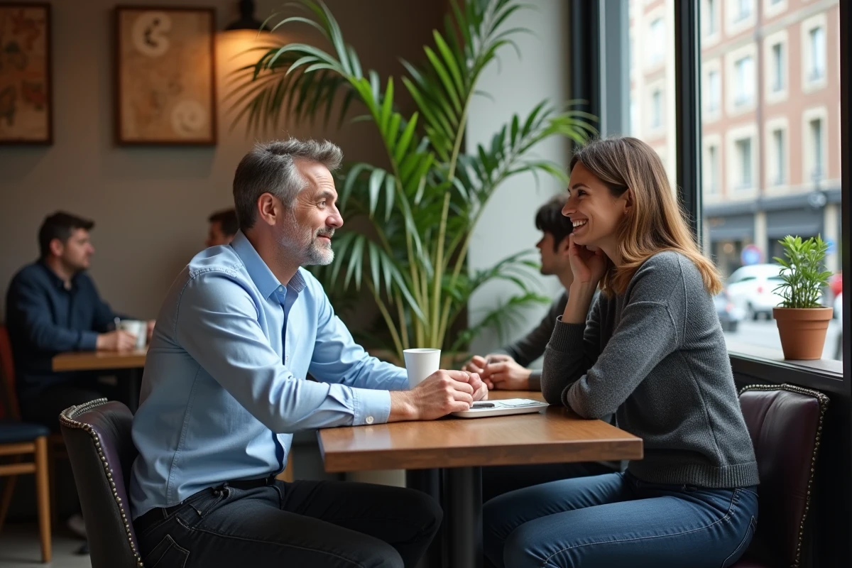 Homme et femme discutant dans un café parisien chaleureux