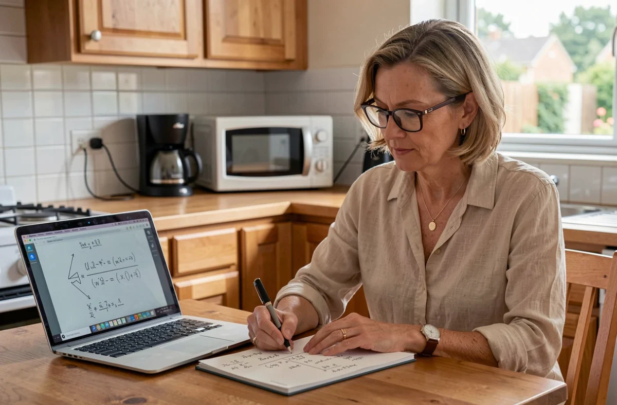 Femme calculant la conversion watts-ampères à la main sur un carnet posé sur une table de cuisine avec des appareils électroménagers en arrière-plan
