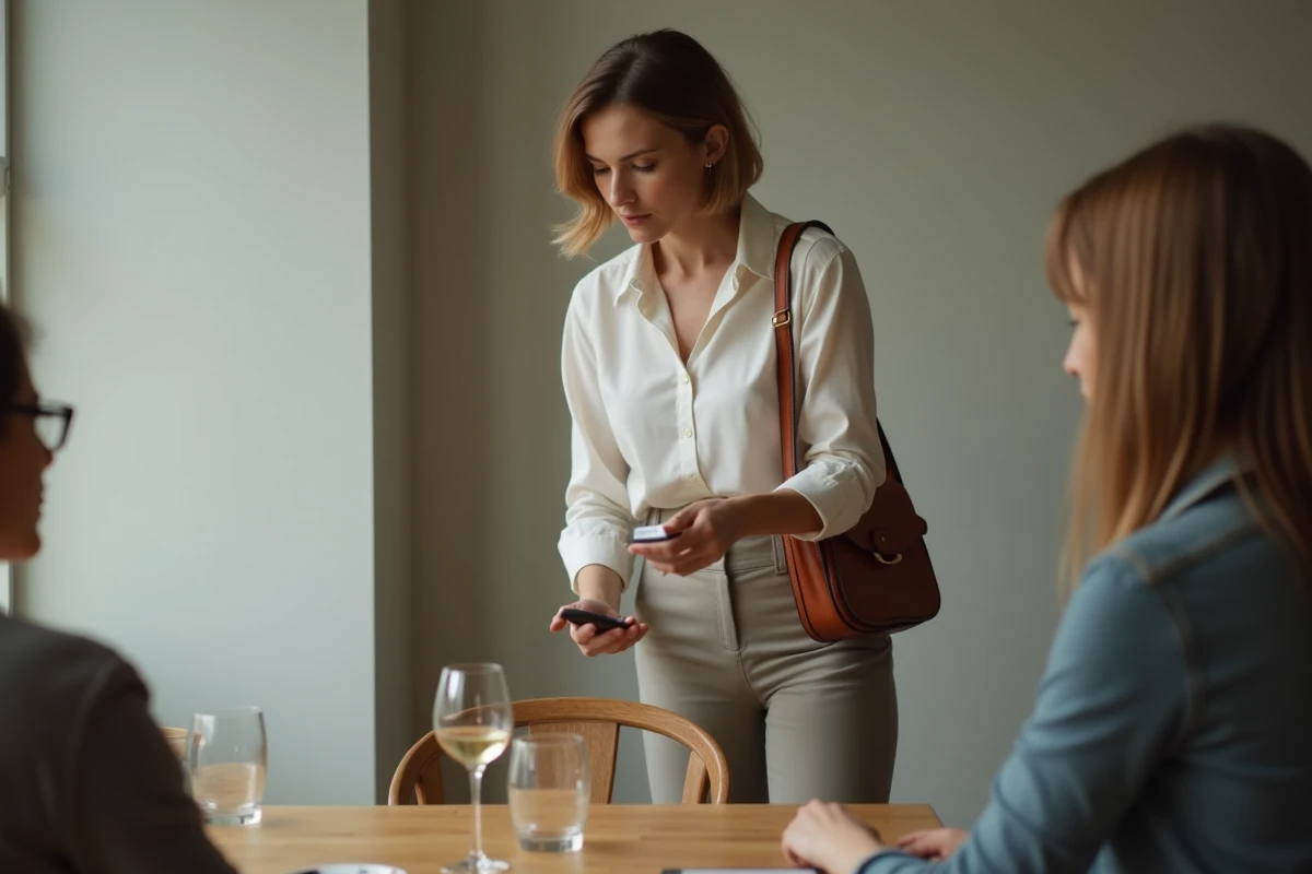 Femme qui se lève calmement de table et prend ses affaires, illustrant la capacité à quitter une conversation difficile avec un manipulateur