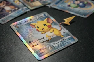 Carte Pokémon Pikachu ex holographique Étincelles Déferlantes posée sur un tapis de jeu, gros plan macro révélant les reflets et textures du foil