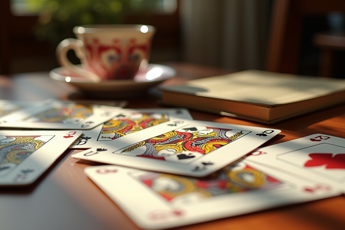 Cartes de belote distribuées avec une tasse de café et un livre de règles en arrière-plan