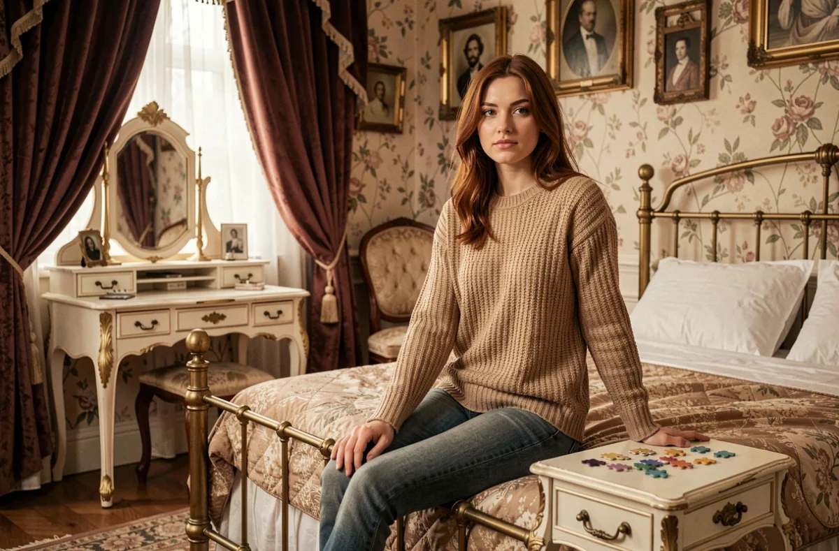 Chambre victorienne vintage dans un escape game avec lit en laiton, papier peint fleuri et énigmes antiques