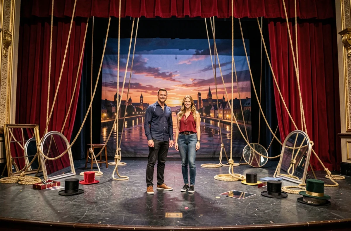 Coulisses d'un théâtre avec rideaux de velours rouge et accessoires de magie dans un escape game immersif à Lyon