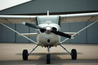 Cessna 172B garé sur le tarmac d'un aérodrome régional, vue de trois quarts avant montrant l'aile haute et le moteur