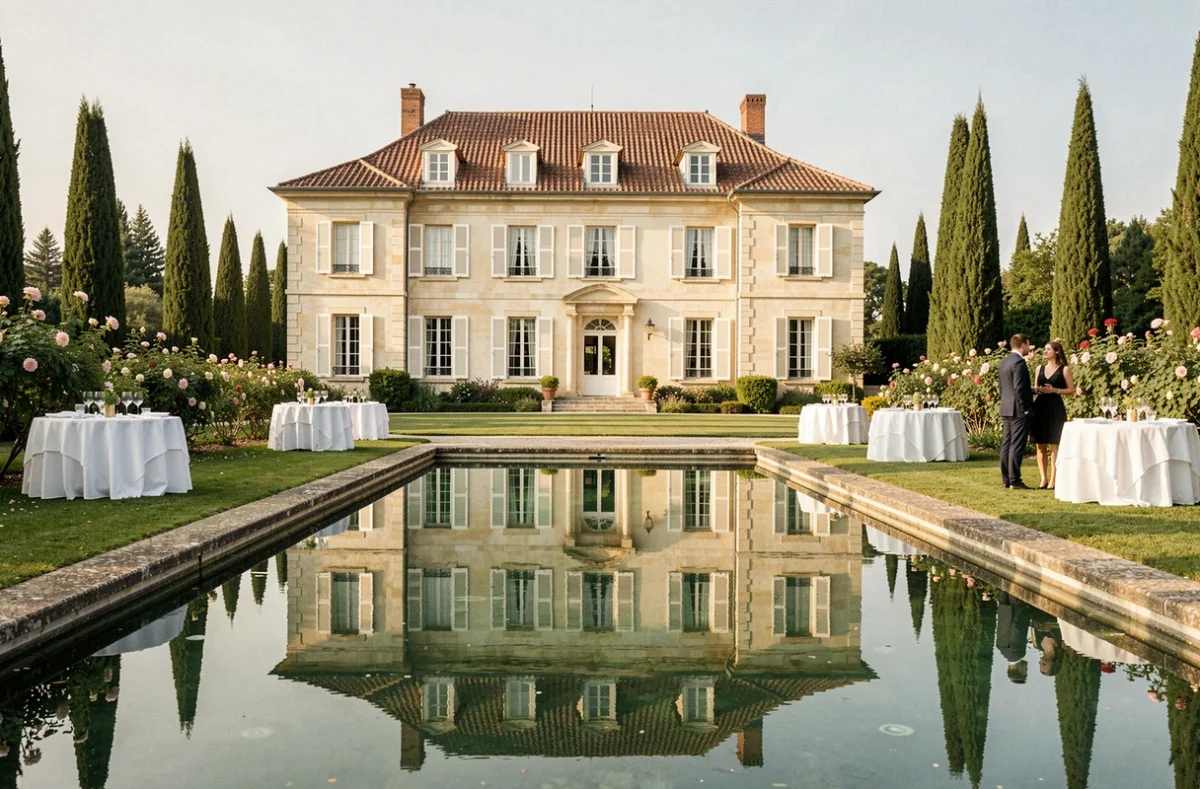 Le Château de la Piscine dans l'Hérault avec son bassin réfléchissant la façade en pierre et ses terrasses de réception