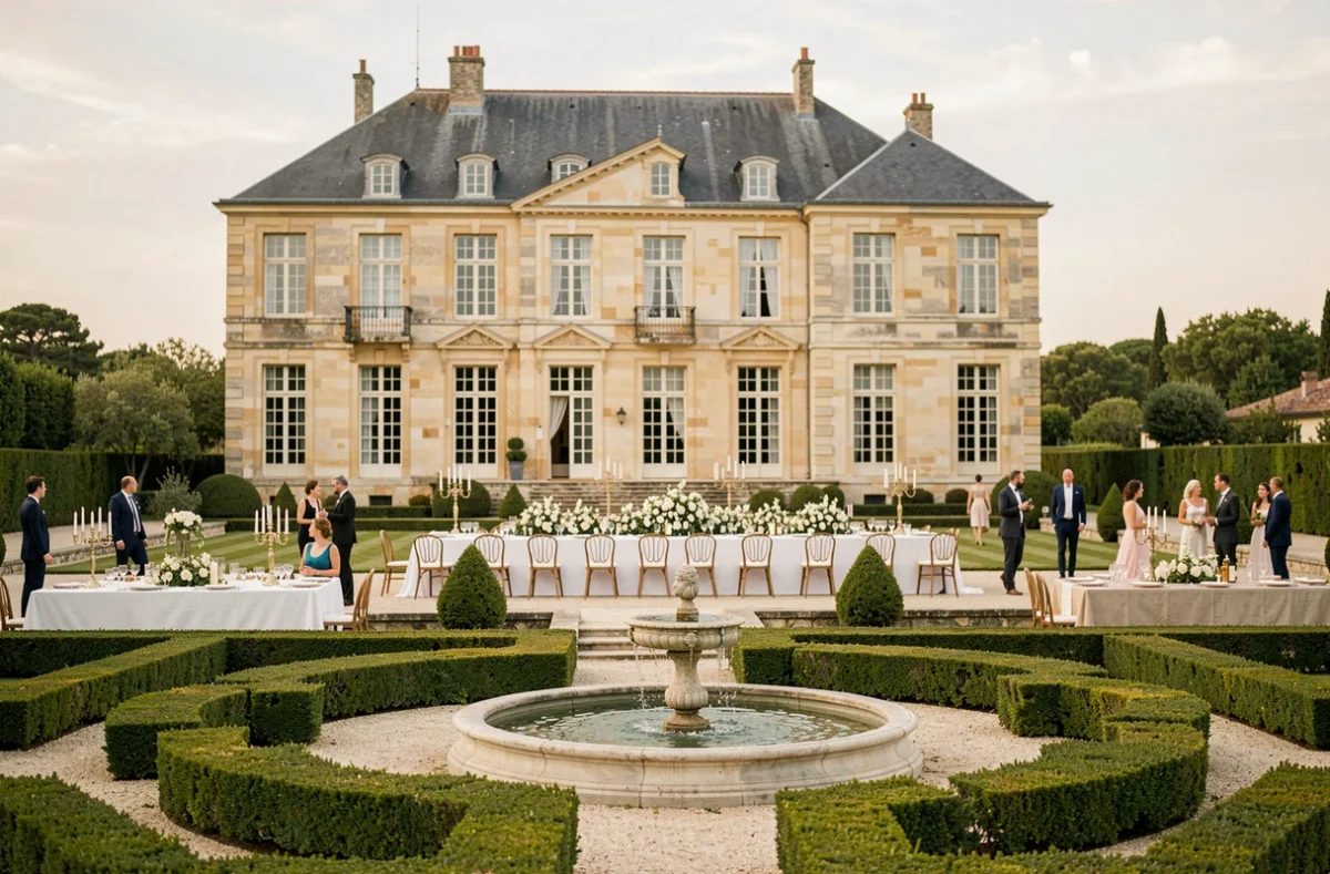 Le Château du Parc à Pézenas avec sa façade symétrique, ses jardins à la française et une réception élégante sur la terrasse