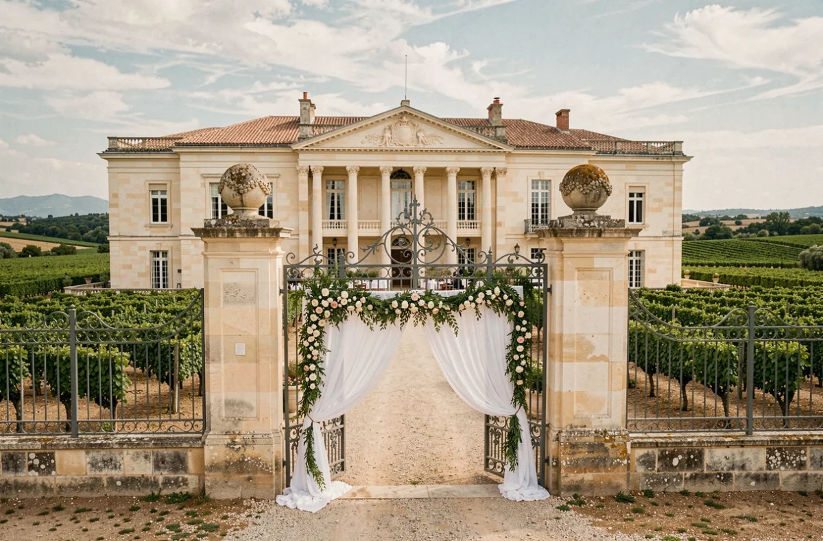 Le Château de l'Engarran, domaine viticole du XVIIe siècle dans l'Hérault, avec sa façade néoclassique et ses vignes en arrière-plan