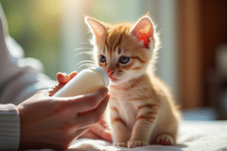 Petit chaton nourri au biberon dans la lumière naturelle