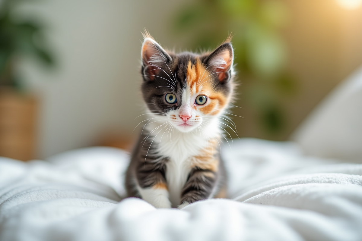Chaton calico assis sur une couverture blanche lumineuse