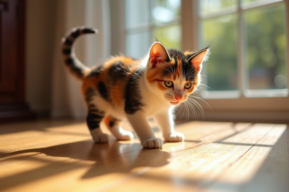 Chaton calico explorant un sol en bois en lumière naturelle