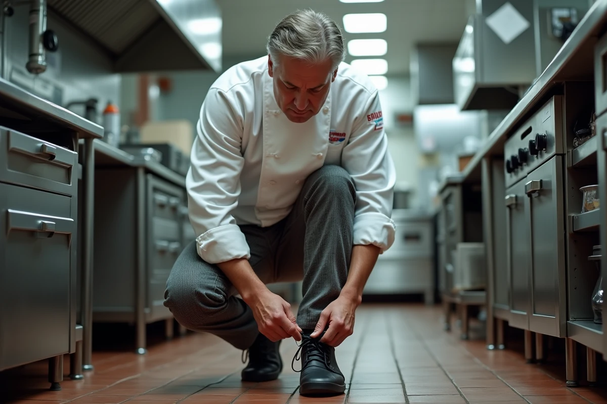 Chef en cuisine attachant ses chaussures de sécurité blanches