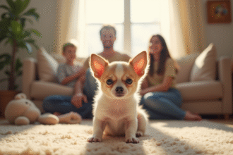 Petit chiot Chihuahua dans un salon cosy ensoleille
