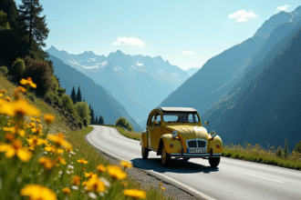 Citroën 2CV vintage sur route de montagne dans les Alpes françaises