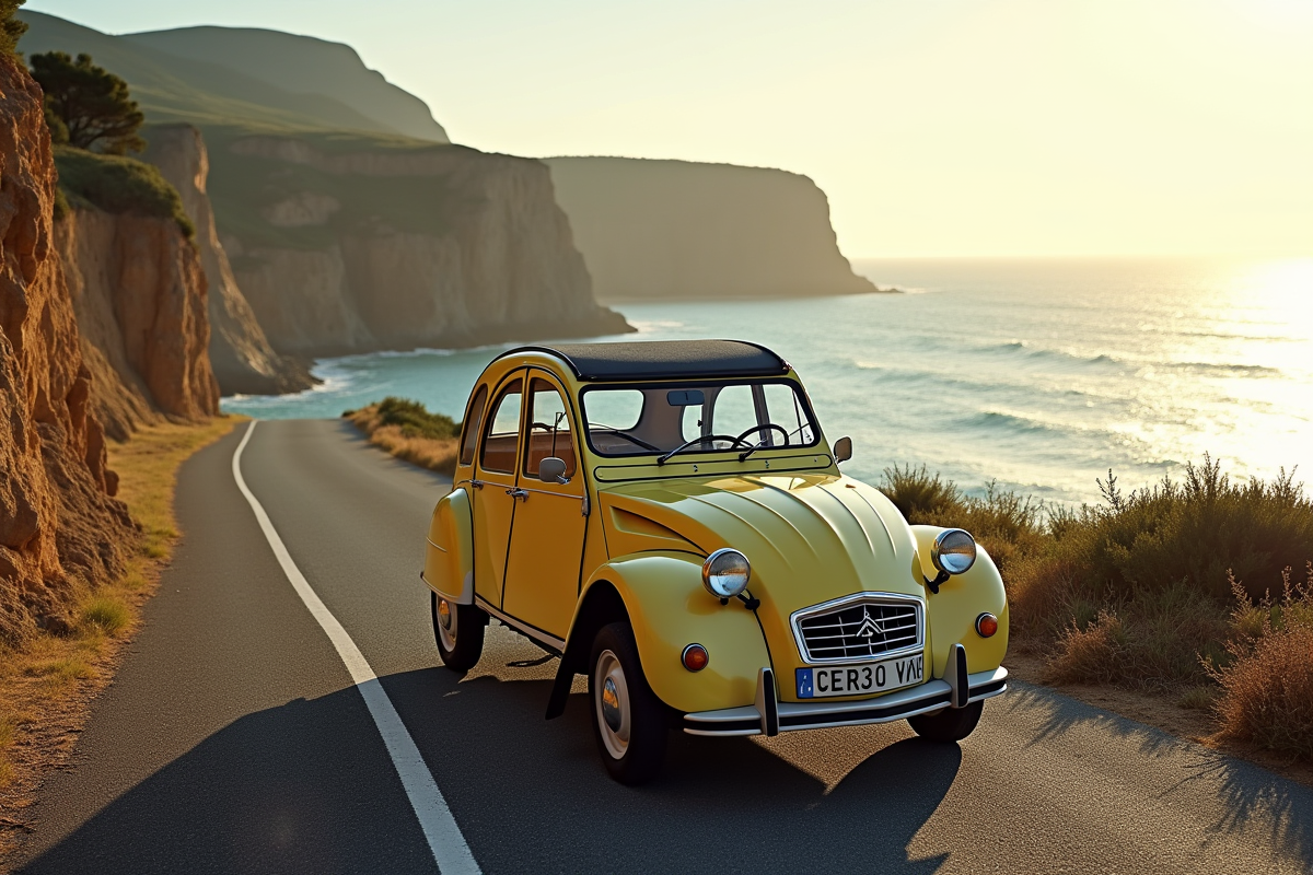 Citroën 2CV ancienne sur route côtière en sud de la France