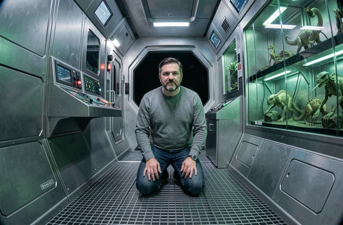 Décor futuriste d'un escape game sur le thème alien avec couloir de vaisseau spatial et consoles clignotantes