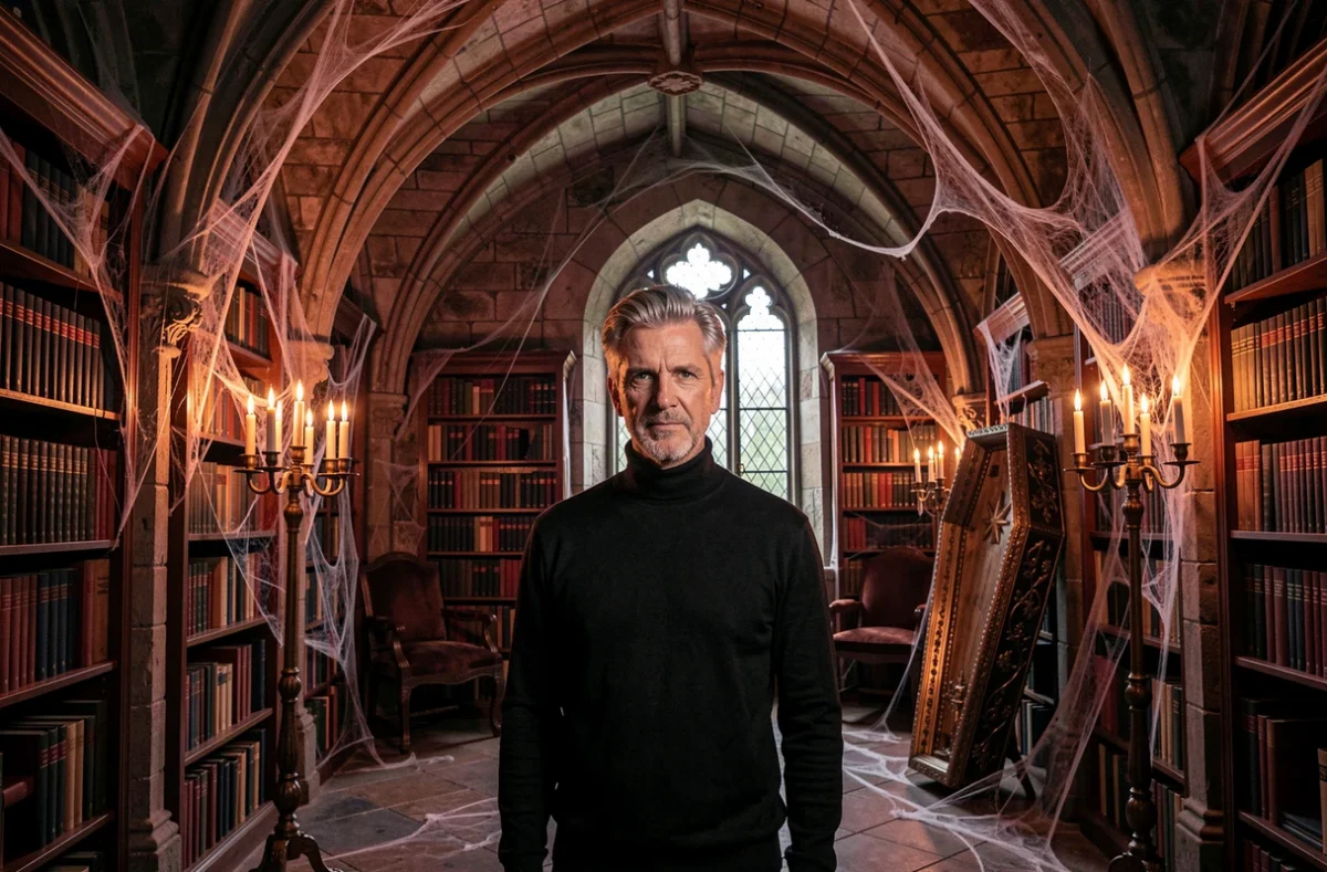 Salle gothique d'escape game Dracula avec bibliothèque en pierre, toiles d'araignée et cercueil ornemental