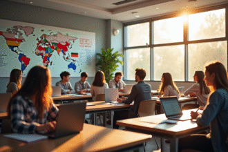 Salle de classe internationale avec étudiants de divers pays