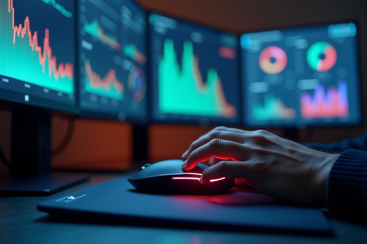 Mains tapant sur un clavier avec plusieurs écrans de statistiques