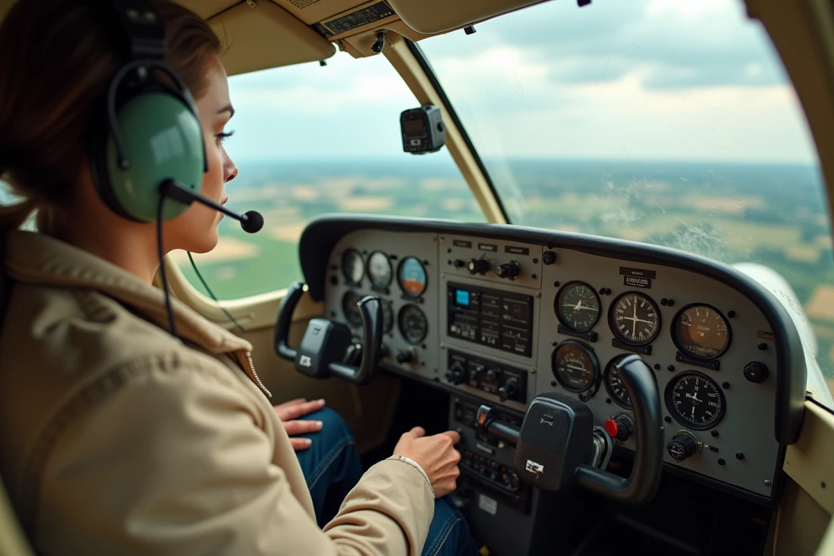 Vue intérieure du cockpit d'un Cessna 172B en vol avec tableau de bord analogique et pilote aux commandes