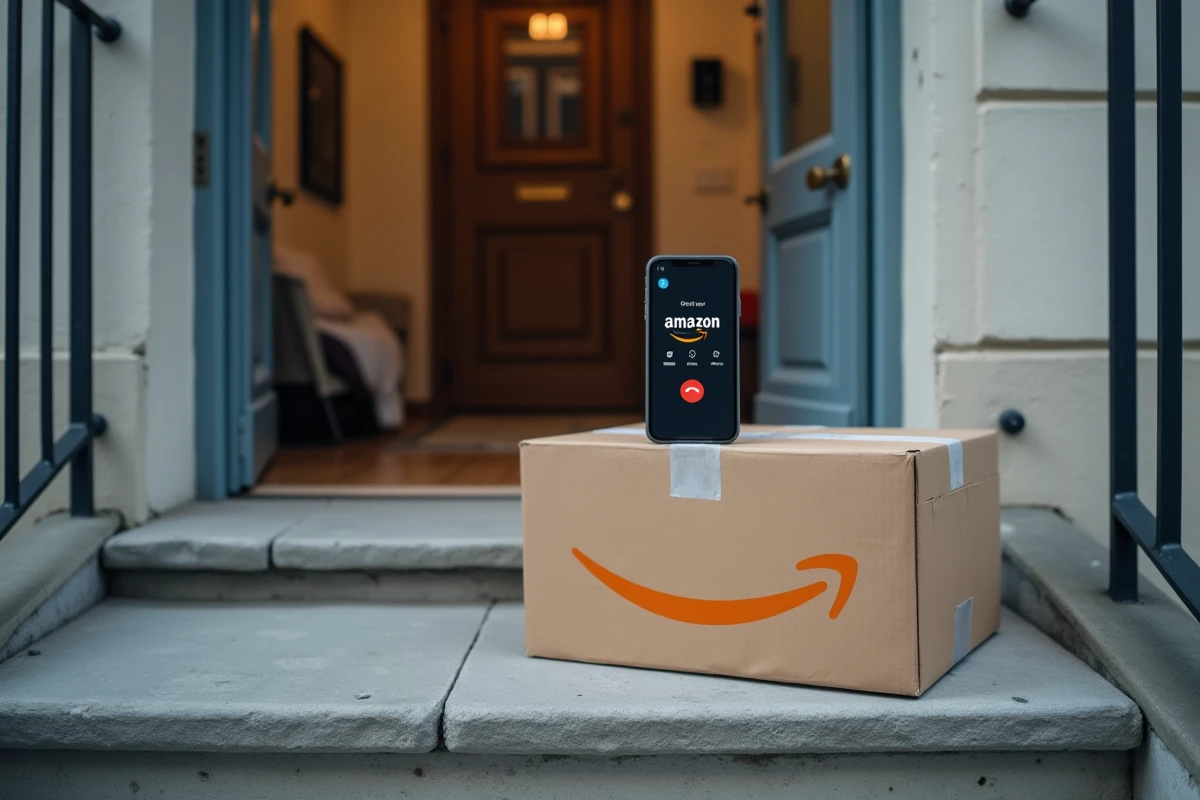 Colis Amazon devant une porte avec un smartphone affichant un numéro de téléphone pour confirmation de livraison, concept d'arnaque téléphonique